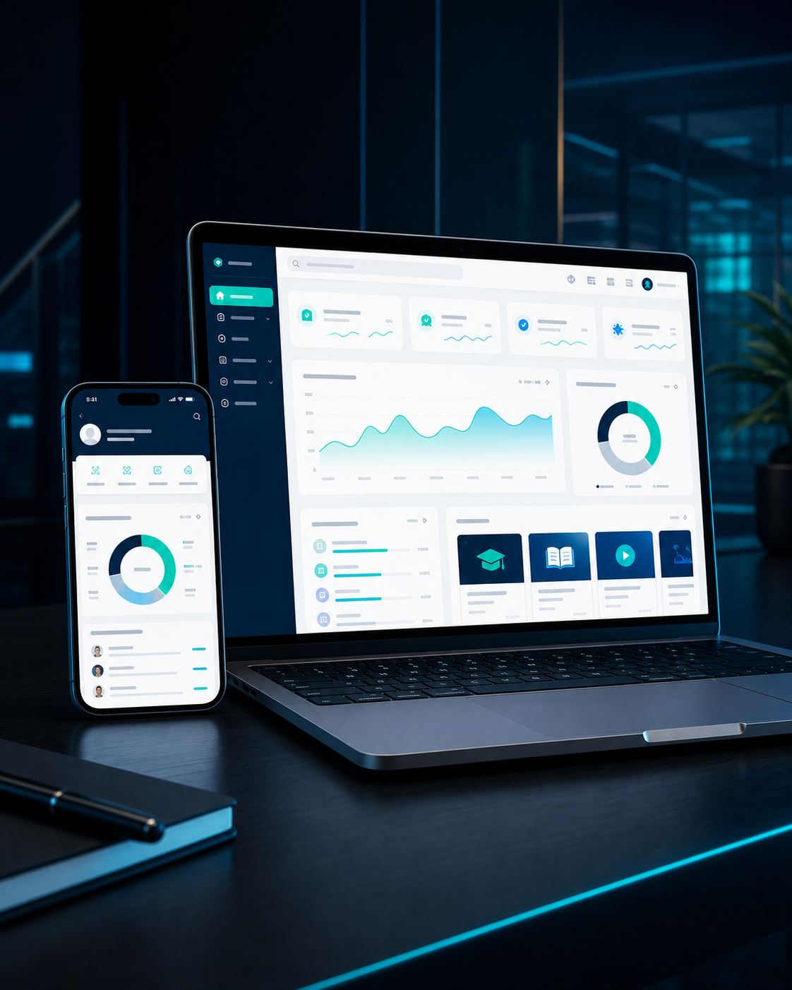Portal acadêmico responsivo exibido em notebook e celular